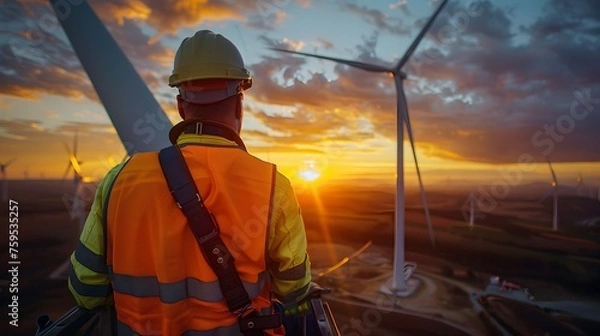Obraz Man in Hardhat Overlooking Wind Turbines at Sunset, To convey the sense of modern renewable energy technology
