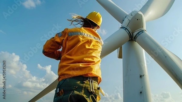 Obraz Worker Standing by a Wind Turbine, To convey the idea of renewable energy production with a focus on the worker and the wind turbine