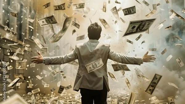 Obraz Man Reaching for Flying Money, To convey a sense of financial success 