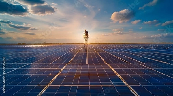 Obraz Man Overlooking Solar Panels at Sunset, To convey the beauty and power of renewable solar energy at sunset