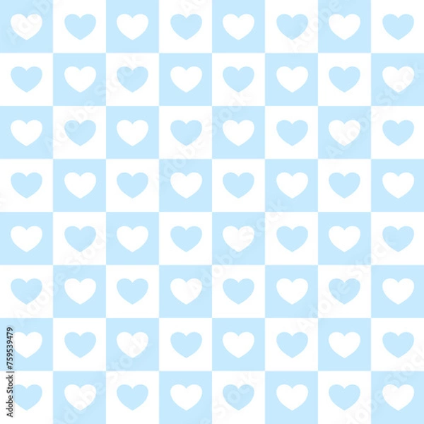 Obraz seamless pattern with hearts on white and sky blue checkers.