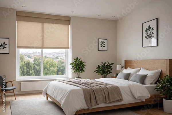 Fototapeta Beige blackout roller blind on windows in stylish modern badroom. Shutters on the plastic window.