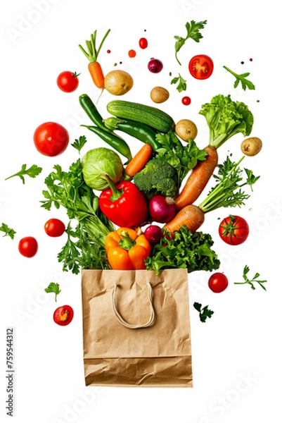 Fototapeta A variety of fresh vegetables cucumber, cherry tomatoes, peppers, zucchini, potatoes, leeks, lettuce leaves, carrots fly in different directions from a paper bag. The benefits of natural plant product