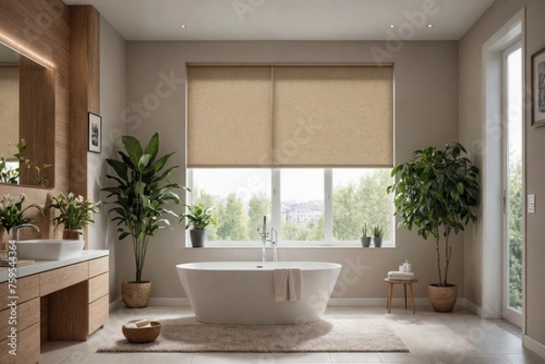 Fototapeta Beige blackout roller blind on windows in stylish modern bathroom. Shutters on the plastic window.