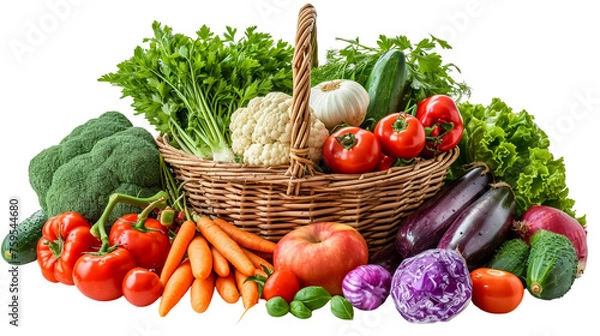 Fototapeta A variety of fresh vegetables cucumbers, cauliflower, cherry tomatoes, peppers, zucchini, potatoes, leeks, iceberg lettuce, garlic and carrots are stacked in a beautiful wicker basket. The benefits of