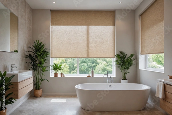Fototapeta Beige blackout roller blind on windows in stylish modern bathroom. Shutters on the plastic window.