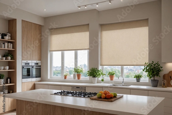 Fototapeta Beige blackout roller blind on windows in stylish modern kitchen. Shutters on the plastic window.