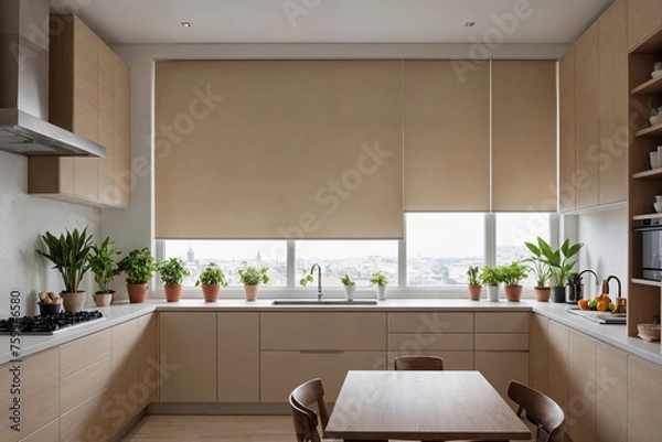 Fototapeta Beige blackout roller blind on windows in stylish modern kitchen. Shutters on the plastic window.