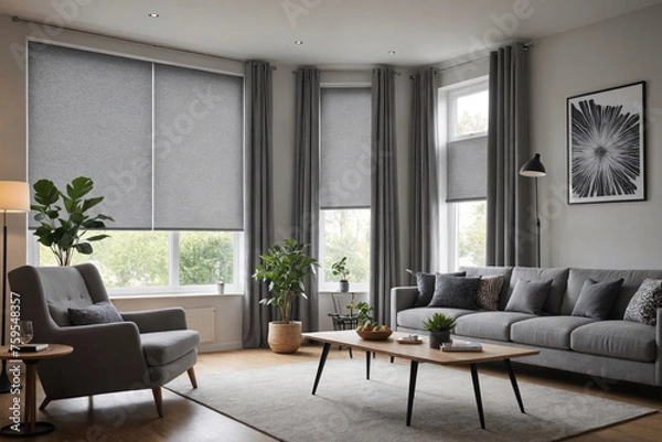 Fototapeta Gray blackout roller blind on windows in stylish modern living room. Shutters on the plastic window.