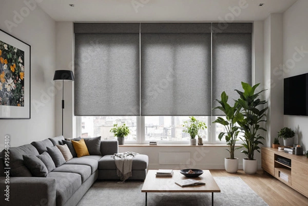 Fototapeta Gray blackout roller blind on windows in stylish modern living room. Shutters on the plastic window.
