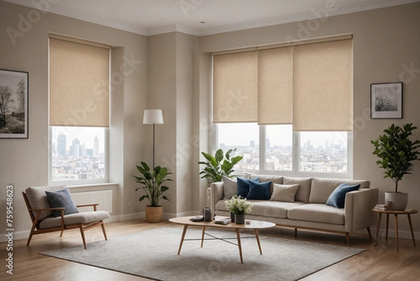 Fototapeta Beige blackout roller blind on windows in stylish modern living room. Shutters on the plastic window.