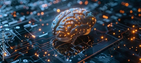 Fototapeta Concept of artificial intelligence with a digital brain on a circuit board. The image showcases a glowing, wireframe brain with orange light nodes on a dark blue electronic motherboard.