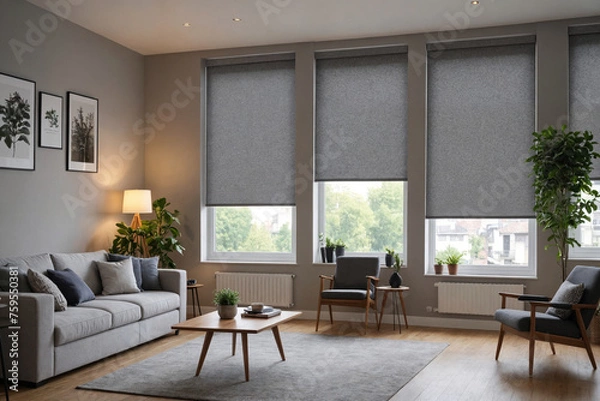 Fototapeta Gray blackout roller blind on windows in stylish modern living room. Shutters on the plastic window.