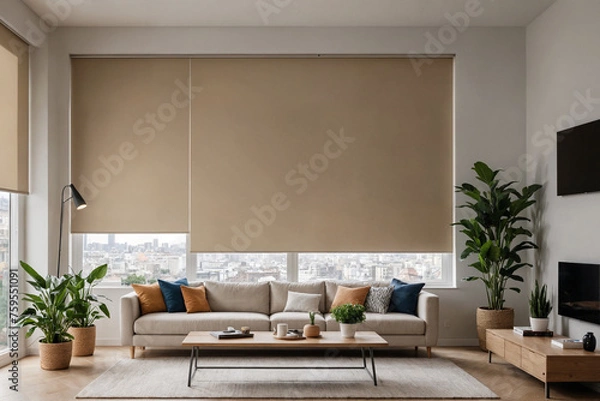 Fototapeta Beige blackout roller blind on windows in stylish modern living room. Shutters on the plastic window.