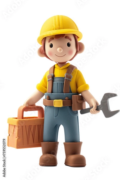 Fototapeta 3d cartoon of repair man or mechanic figurine with tools standing isolated on transparent background png files