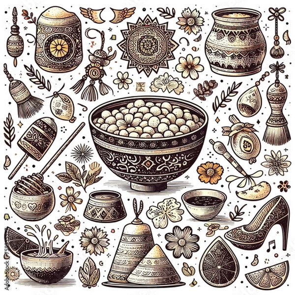 Fototapeta Happy Nowruz vector hand-drawn illustration with elements.