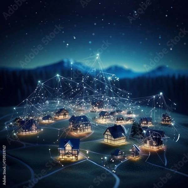 Obraz model houses and wires connected with a building premium photo, in the style of canon ts-e 17mm f4l tilt-shift, luminous pointillism, futuristic organic, low poly, depiction of rural life, the stars a