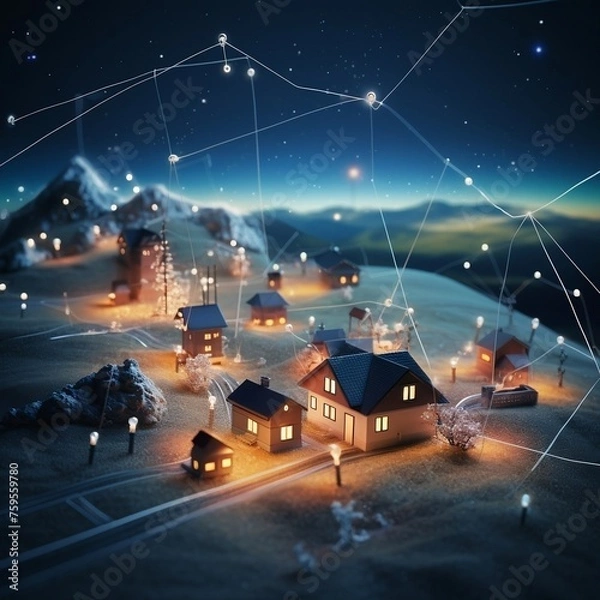 Obraz model houses and wires connected with a building premium photo, in the style of canon ts-e 17mm f4l tilt-shift, luminous pointillism, futuristic organic, low poly, depiction of rural life, the stars a