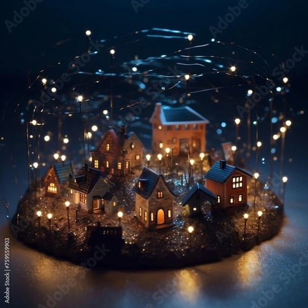 Obraz model houses and wires connected with a building premium photo, in the style of canon ts-e 17mm f4l tilt-shift, luminous pointillism, futuristic organic, low poly, depiction of rural life, the stars a