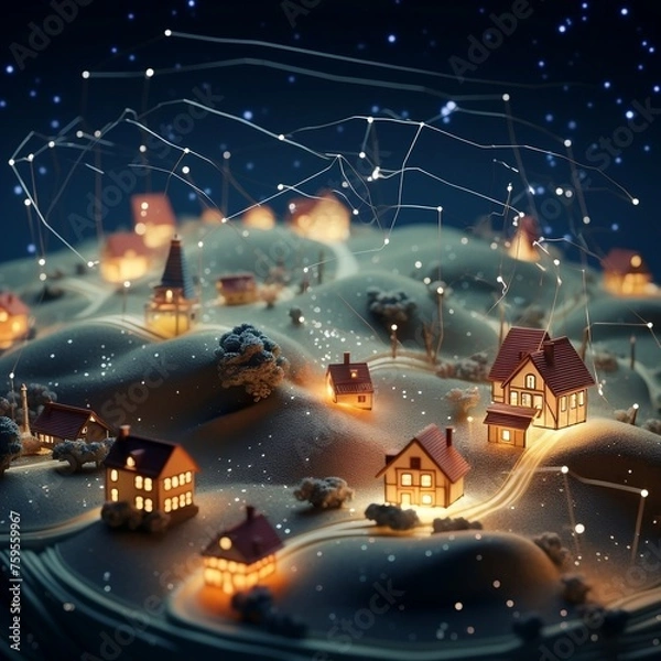 Obraz model houses and wires connected with a building premium photo, in the style of canon ts-e 17mm f4l tilt-shift, luminous pointillism, futuristic organic, low poly, depiction of rural life, the stars a