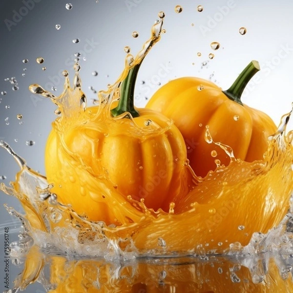 Obraz yellow pumpkin splashing into crystal clear water. The product is isolated on a white background. Healthy vegetables concept