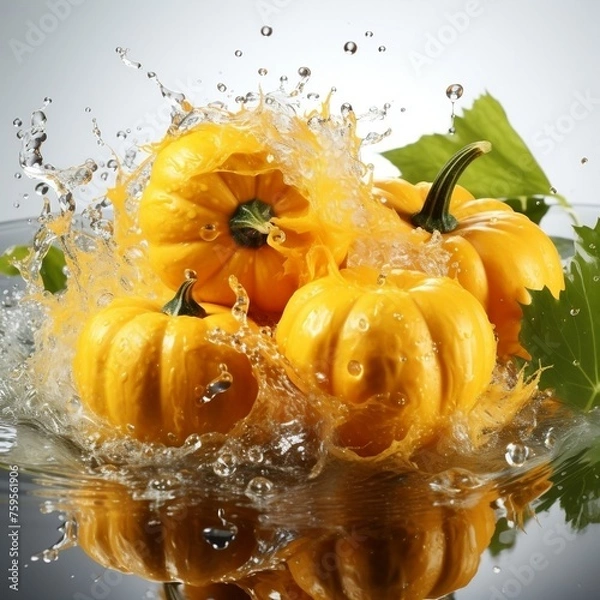 Obraz yellow pumpkin splashing into crystal clear water. The product is isolated on a white background. Healthy vegetables concept