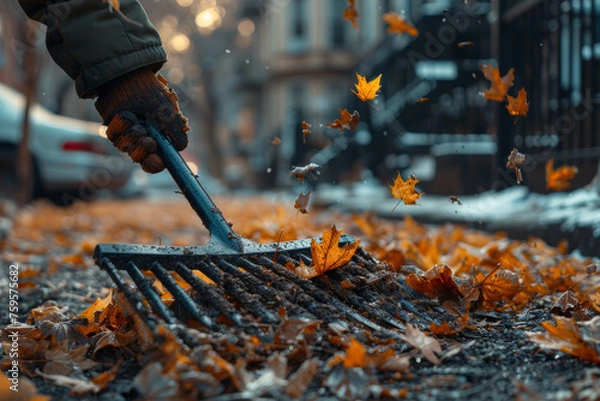 Fototapeta A person wielding a rake to gather fallen leaves and debris, maintaining a tidy garden space. Concept of yard cleanup.  Generative Ai.