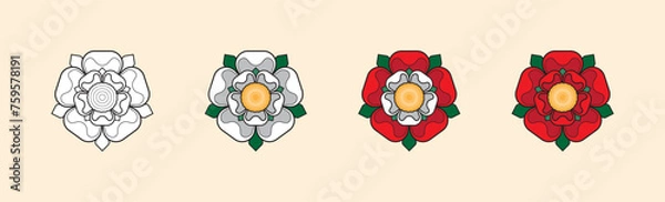 Fototapeta White Rose of York | Red Rose of Lancaster | Tudor Rose of England | Red Green Yellow White Black Outline Flat Vector Illustration	