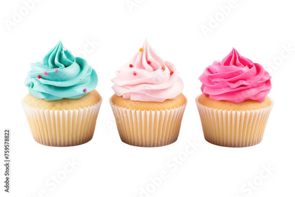 Fototapeta Three Cupcakes With Different Colored Frosting. on a White or Clear Surface PNG Transparent Background.