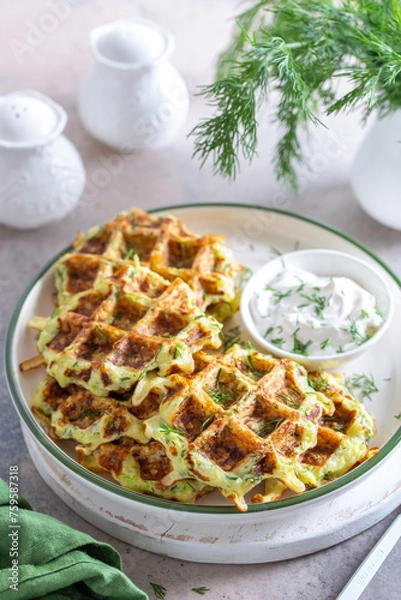 Fototapeta Zucchini waffles with herbs on a plate with sour cream, selective focus