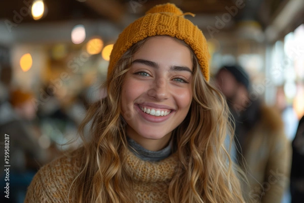 Obraz A spontaneous burst of laughter during a lighthearted conversation, exemplifying the joy found in camaraderie. Concept of shared merriment. Generative Ai.