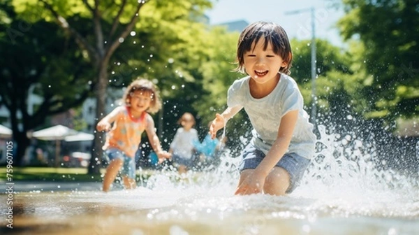 Obraz 公園で水遊びをする子供、元気な夏の日本人の女の子