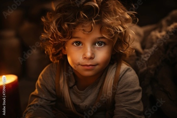 Fototapeta Happy little boy with curly hair laughing and smiling broadly in joyful expression