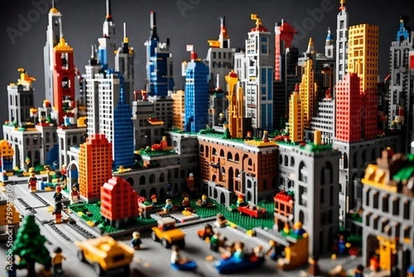 Fototapeta A LEGOA(R) cityscape built into the walls with buildings, roads, and tiny figures, igniting creativity.