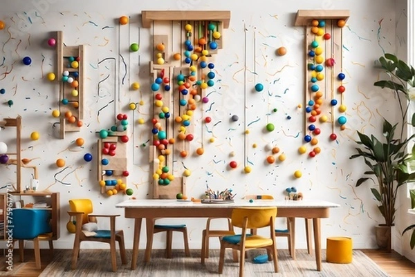 Fototapeta A wall-mounted marble run track with colorful balls cascading down, accompanied by playful wall art.
