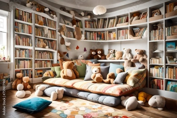 Fototapeta A cozy reading nook with oversized floor pillows, surrounded by shelves of picture books and stuffed animals.