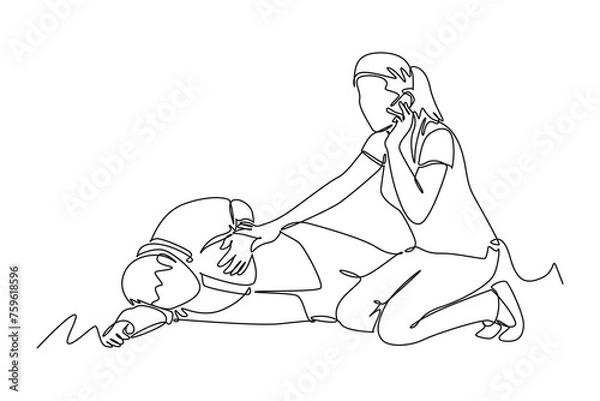 Obraz Continuous one line drawing of Woman comes to rescue A man has a heart attack. Saving lives or emergency accident. Health, care, teamwork. Single line draw design vector illustration