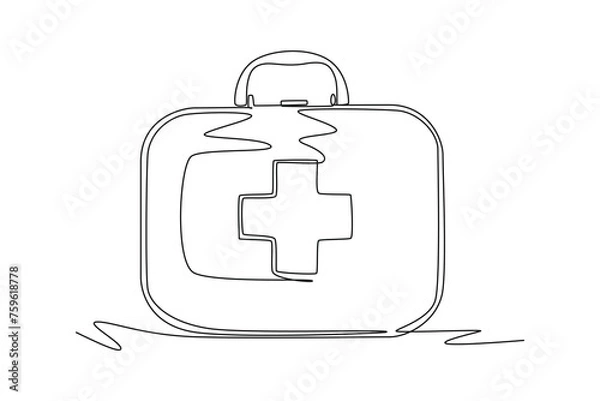 Obraz Continuous one line drawing of first aid box. Saving lives or emergency accident. Health, care, teamwork. Single line draw design vector illustration