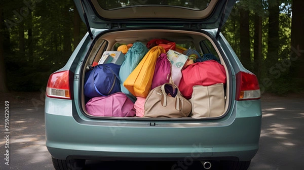 Fototapeta car trunk full of colorful shopping bags, generative ai