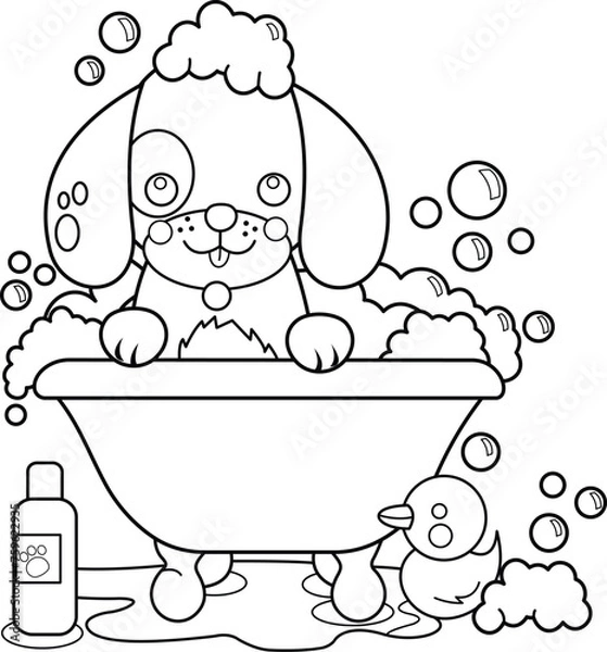 Obraz Cute Puppy Taking Bath Outline Vector Illustration. Puppy Coloring Page. Small Dog Taking Both Outline Vector.