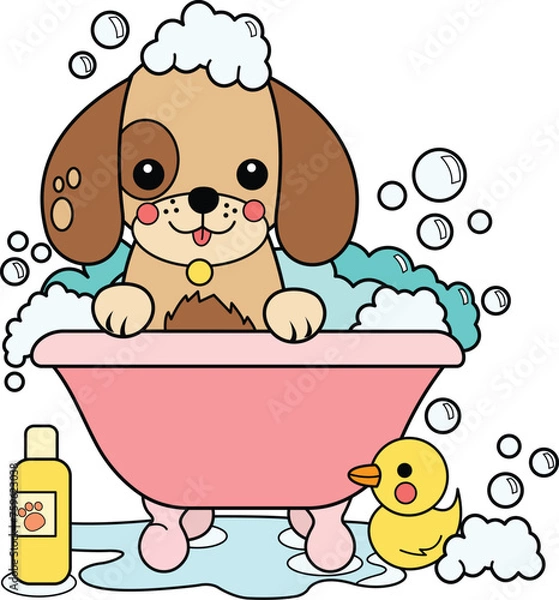 Obraz Cute Puppy Taking Bath Vector Illustration. Small Dog Taking Both Vector. 