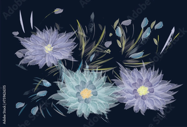 Fototapeta Three flowers and petals are painted with purple and turquoise watercolor brushes. Vector illustration isolated on a dark background.