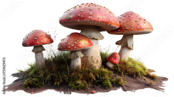 Obraz Enchanted Forest Mushrooms on Transparent Background, PNG Design Element - Hand Edited Generative AI