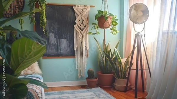 Obraz Bohemian Cozy Corner: Macrame Wall Hanging Adorns Vintage Apothecary Rack and Pastel Chalkboard Wall