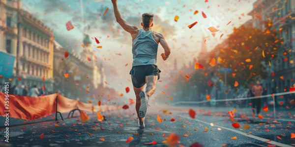 Fototapeta A dynamic and vibrant image capturing the triumphant moment of a marathon runner enjoying victory amidst a flurry of confetti on a city street
