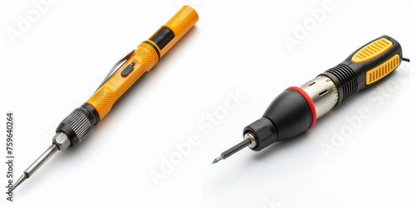 Fototapeta A professional precision soldering iron with a metallic tip, isolated on a clean white background.