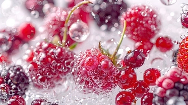 Obraz Strawberries, blackberries, currants, raspberries in splashes of water on a white background, commercial shot, banner