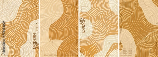 Obraz A set of modern abstract posters reminiscent of a topographic map pattern or wood grain texture. Four vector simple illustrations with wavy lines and a beige-caramel color palette.