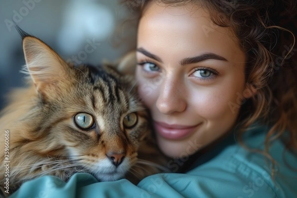 Fototapeta A curly-haired woman affectionately snuggling with her beautiful tabby cat, exuding warmth and companionship