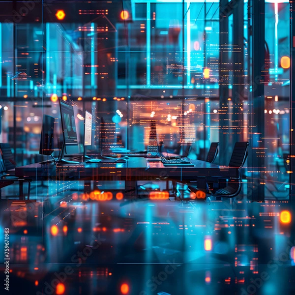 Fototapeta Modern Neon Cyberpunk Open Space Office Interior Partially Blurry Generative AI
